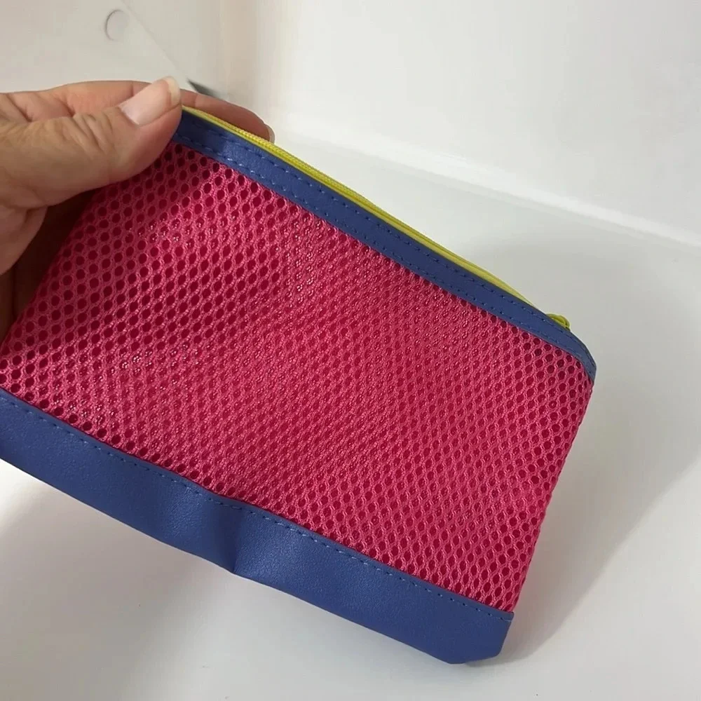 NWOT Pink Blue‎ and Yellow Mesh Makeup Bag